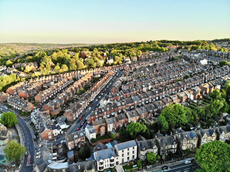 Aerial view of rows of terraced streets