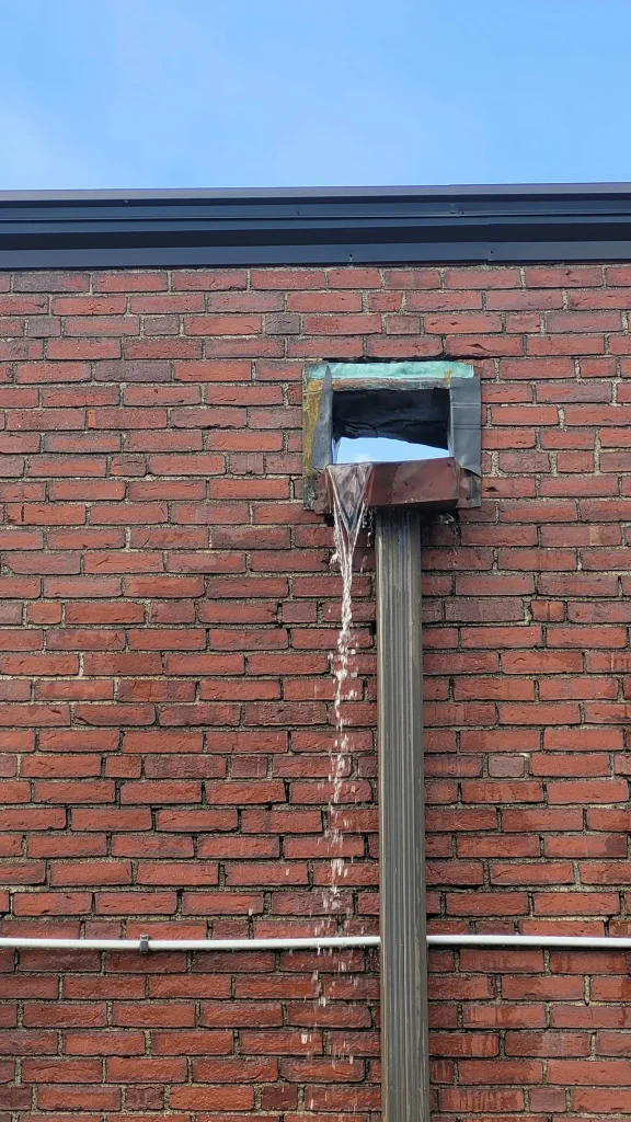Staining on a brick wall below a rainwater hopper